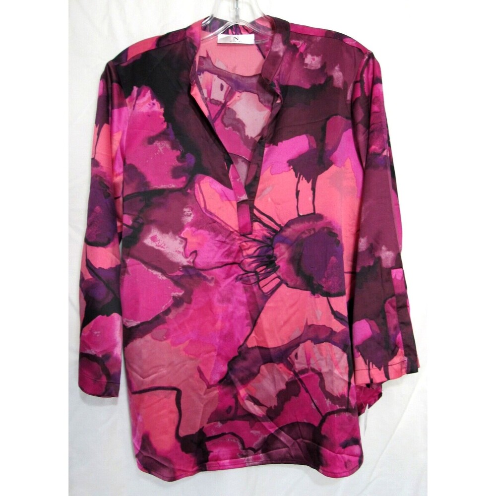 Natori Pink Floral Satin Canyon Lotus V Neck Split 3/4 Sleeve Shirt Size XS NWT